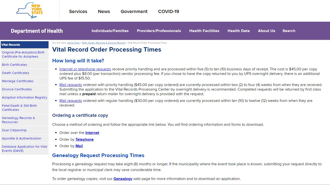 Vital Records Processing Times - New York State Department of Health